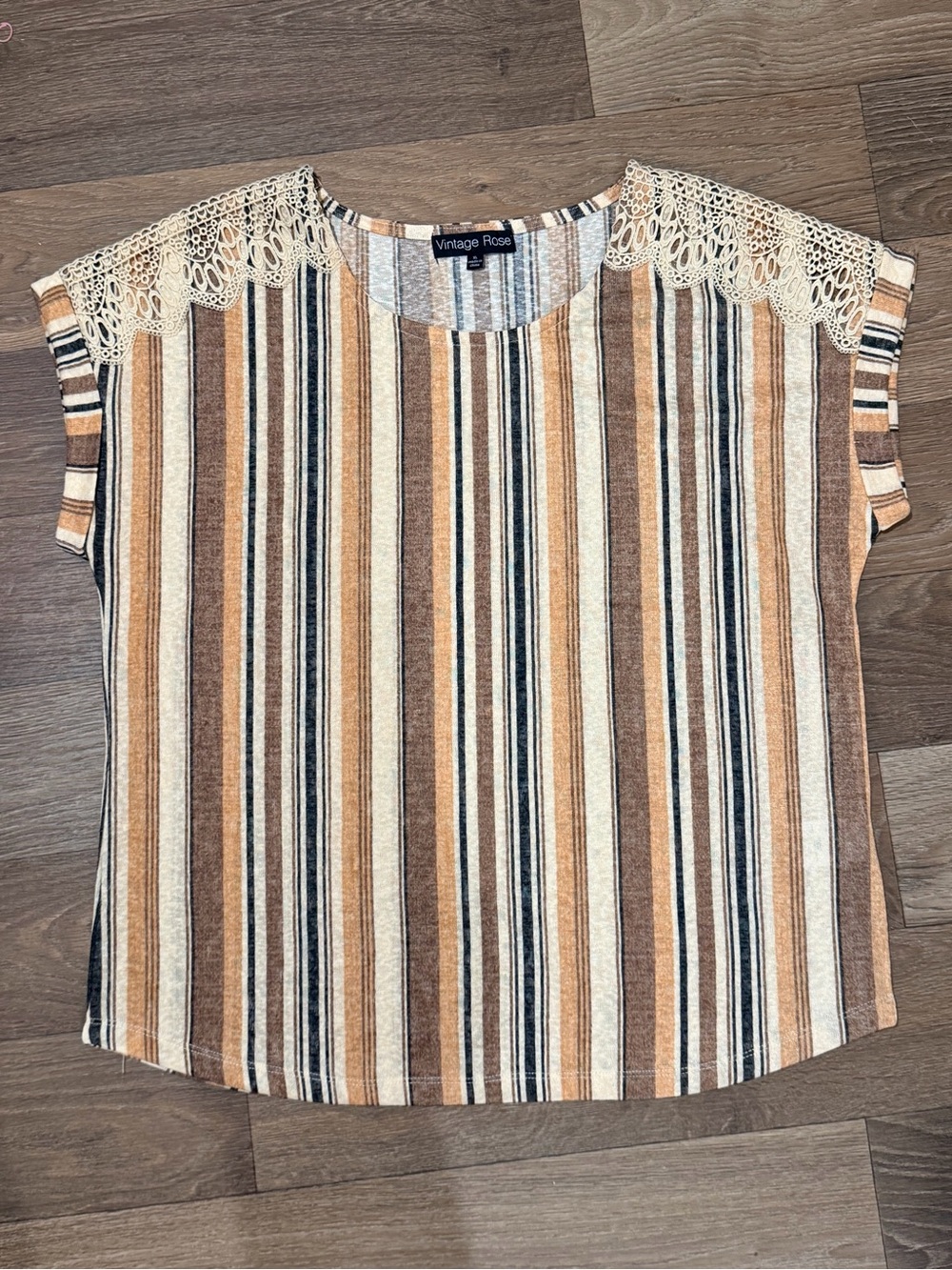 Vintage Rose Striped Crochet-Accent Blouse in Beige & Brown